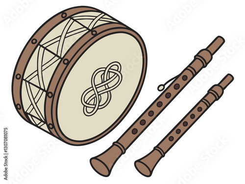 A collection of Irish musical instruments, including traditional Irish drums (bodhrán) and wooden flutes with Celtic engravings, isolated on a white background.
