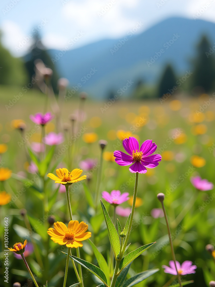Obraz premium A Serene Landscape Featuring Vibrant Wildflowers Swaying Gently In The Wind Against A Natural Unspoiled Backdrop.