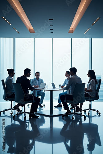 Corporate executives having a discussion in sleek modern meeting room