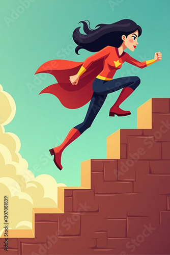Determined Superheroine Climbing Success Staircase to Reach Her Ambitious Goals
