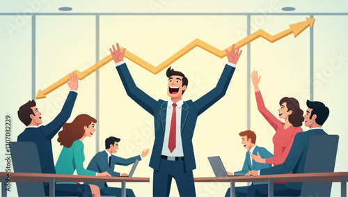 Excited businessman celebrating success with arms raised in victory at the office