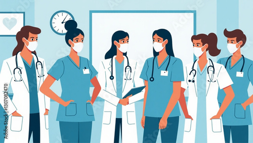 Group of Doctors and Nurses Wearing Face Masks in Hospital