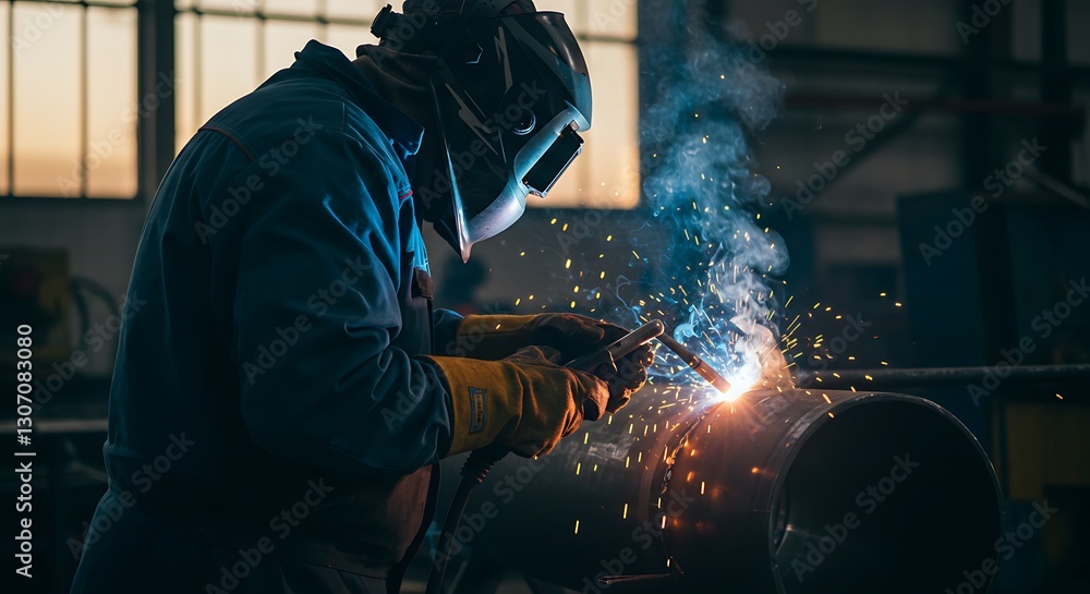 Welder hard at work - precision and protection - industrial applications and processes. Welder hard at work - precision and protection - industrial applications and processes.