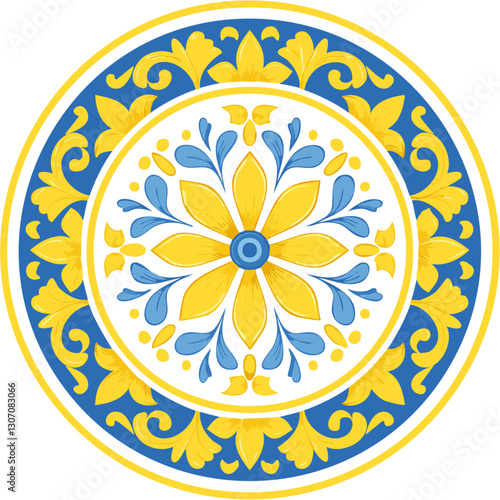 Majolica round vector pattern. Traditional Italian tiles for prints on clothes and plates. Classic Mediterranean azulejo design.