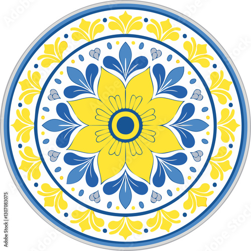 Majolica round vector pattern. Traditional Italian tiles for prints on clothes and plates. Classic Mediterranean azulejo design.
