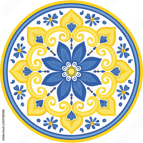 Majolica round vector pattern. Traditional Italian tiles for prints on clothes and plates. Classic Mediterranean azulejo design.