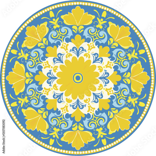 Majolica round vector pattern. Traditional Italian tiles for prints on clothes and plates. Classic Mediterranean azulejo design.