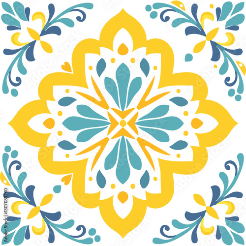 Traditional Azulejo ceramic tiles. Vector Italian print for fabric and wallpaper. Sicilian majolica in blue and yellow colors. Mediterranean style ornament.