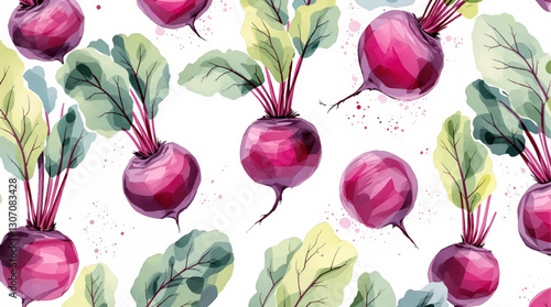 Seamless pattern with watercolor red beet drawing abstract illustration on white background