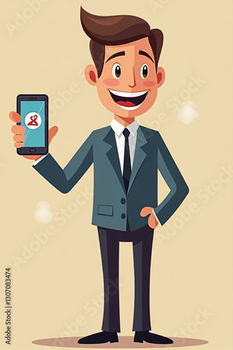 Pushy salesman advertising best product on mobile phone in vector illustration
