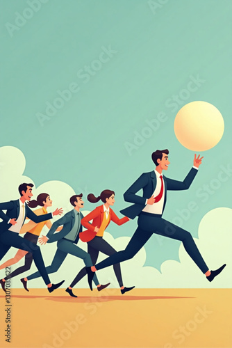 Smart businessman leading race by pushing sphere ahead of team in vector illustration