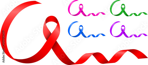 long tail ribbons in red, pink, green, blue, purple colors template set for health, events, posters, banners