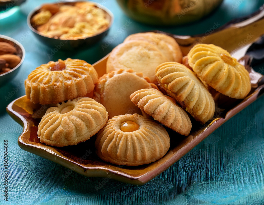 Close-up of traditional Eid cookies and pastries, intricately designed and ready to serve Close-up of traditional Eid cookies and pastries, intricately designed and ready to serve