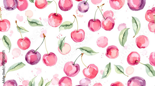 Seamless pattern of watercolor red cherries on white background