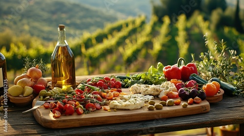 Mediterranean Diet Feast with Fresh Vegetables and Olive Oil, Symbolizing Healthy Living
