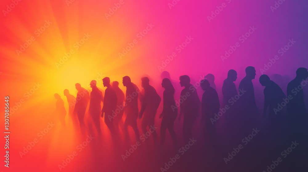 Energetic editorial style capturing a group of people united in a circular formation, with radiant