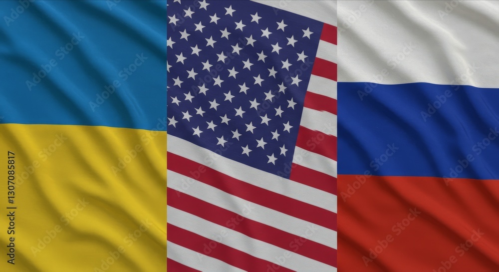 Ukraine, US, and Russia flags side by side. Ukraine, US, and Russia flags side by side.