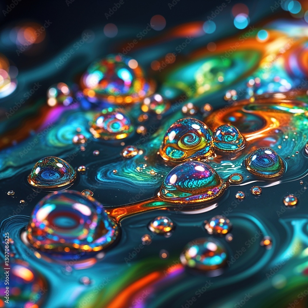 This macro shot captures vibrant water droplets arranged on a dark surface, reflecting an array of colors and intricate patterns. The light creates a mesmerizing effect This macro shot captures vibrant water droplets arranged on a dark surface, reflecting an array of colors and intricate patterns. The light creates a mesmerizing effect