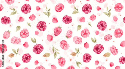 A beautiful watercolor pattern featuring vibrant red raspberries and delicate leaves on a soft white background.