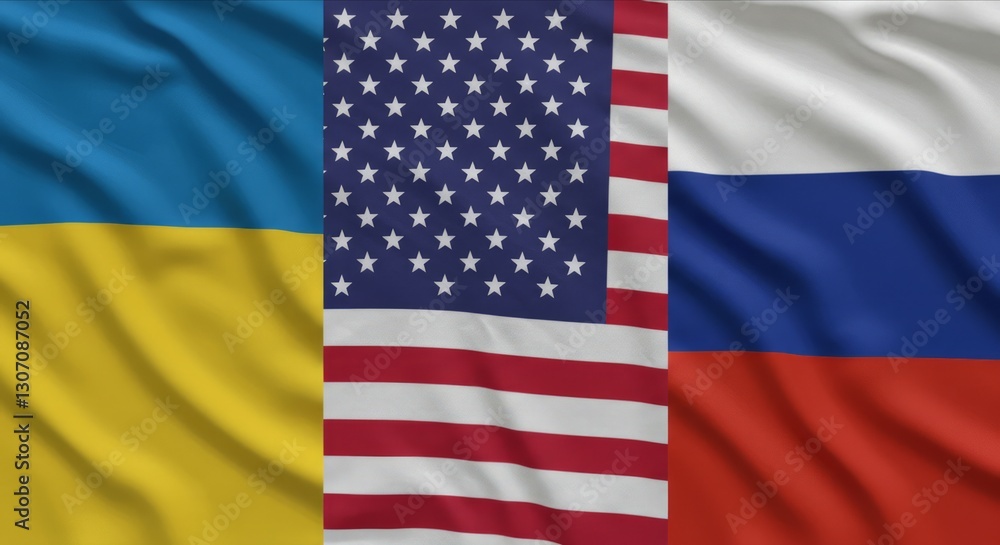 Ukraine, US, and Russia flags side by side. Ukraine, US, and Russia flags side by side.
