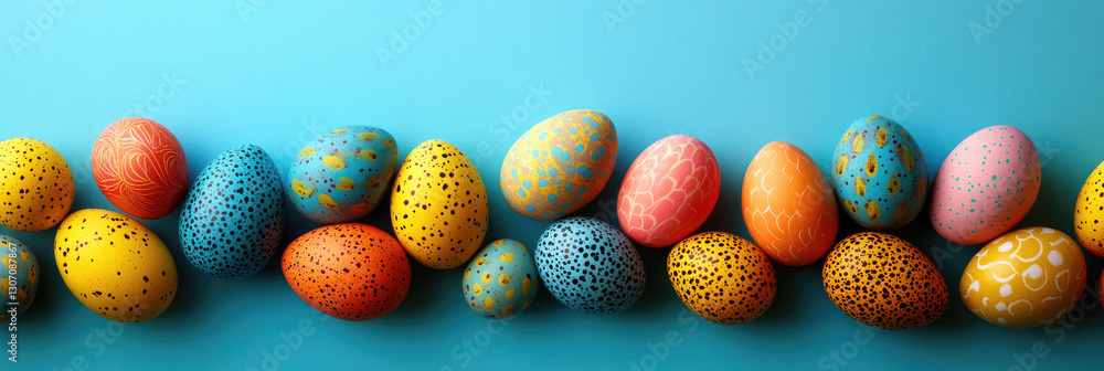 Fototapeta premium Brightly colored Easter eggs in various patterns are artistically arranged against a striking blue background. Soft branches add a touch of nature, enhancing the festive mood