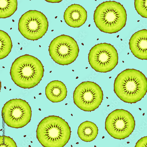 Seamless pattern with green kiwi slices and seeds on a blue background. Vector fruit print