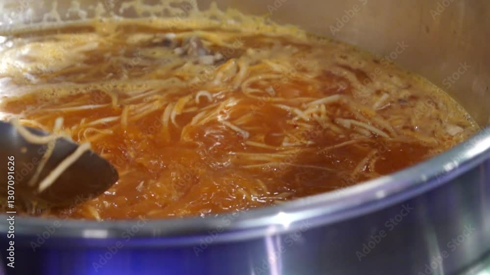 Boiling stew stirring with a ladle Boiling stew stirring with a ladle
