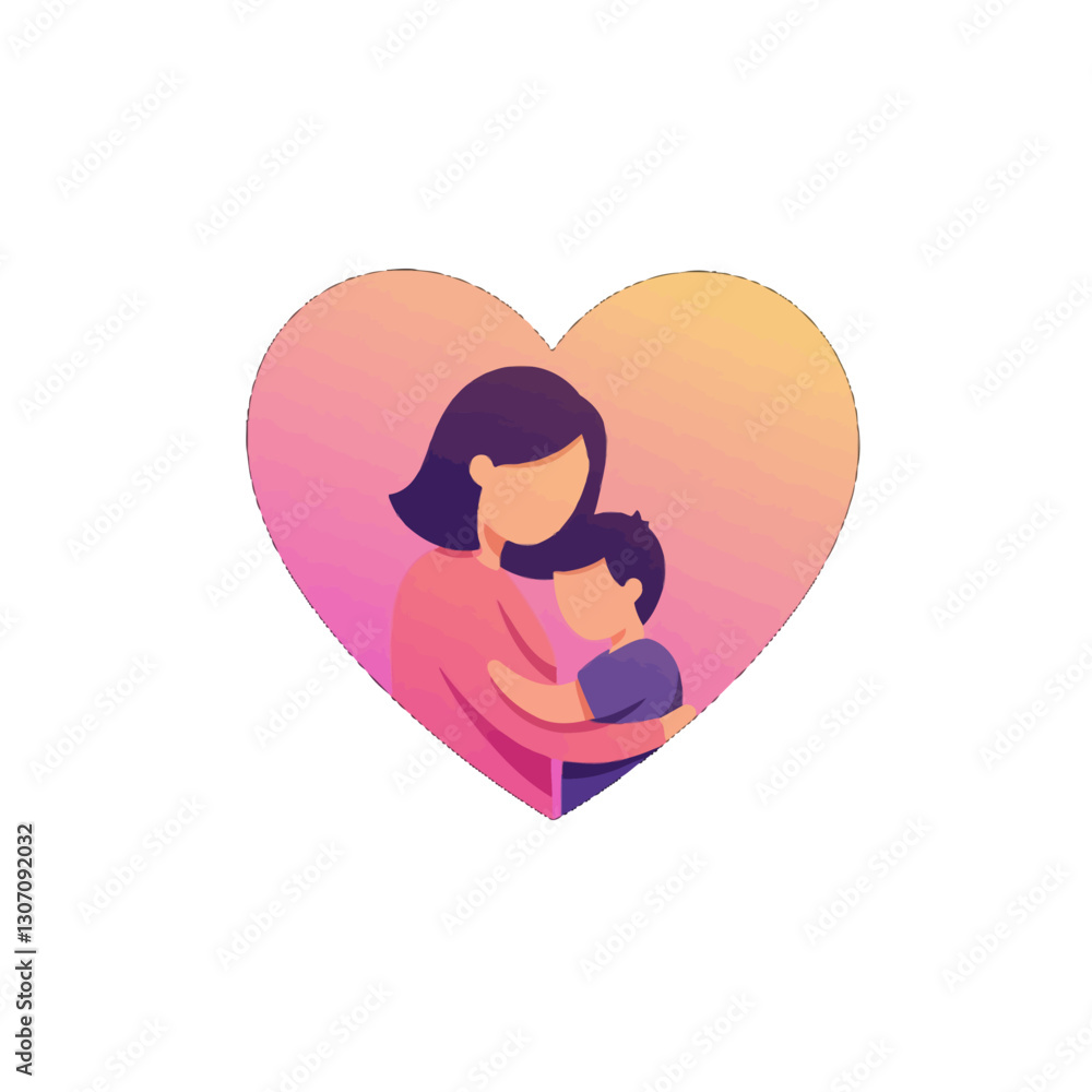 Illustration of a Mother Hugging Her Child Inside a Gradient Heart Shape Illustration of a Mother Hugging Her Child Inside a Gradient Heart Shape