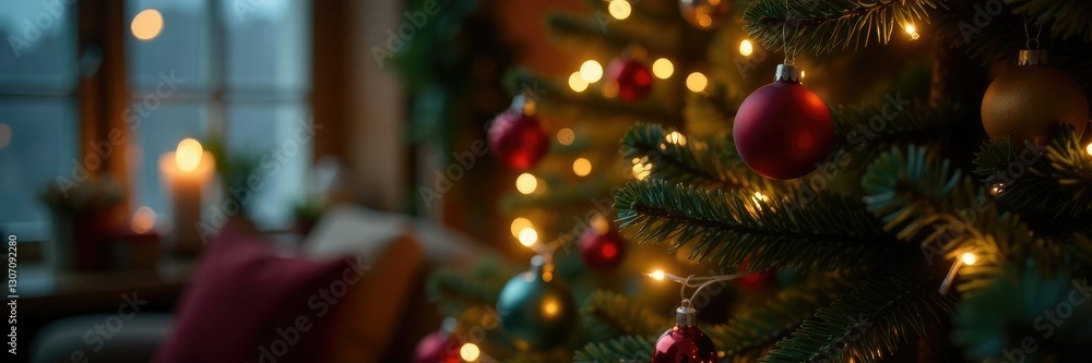 Twinkling string of fairy lights on Christmas tree, holiday, cozy, ornaments Twinkling string of fairy lights on Christmas tree, holiday, cozy, ornaments
