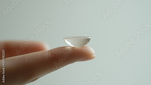Clear contact lens on fingertip. Close-up view. Eye care product. AI generated