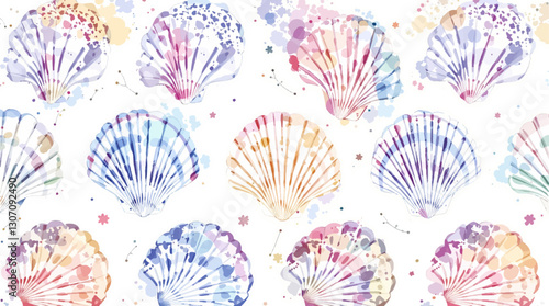 Abstract Seamless watercolor pattern of hand drawn nautilus shells and smooth sea pebbles on a white background