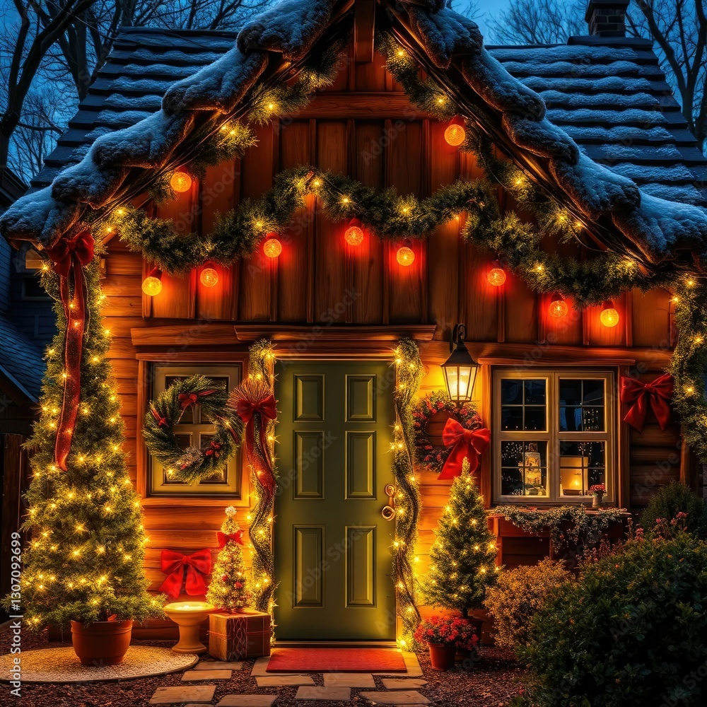 Fototapeta premium Christmas lights adorning the rustic cottage facade, holiday, festive