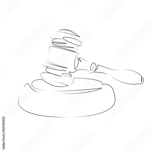 One continuous line art drawing flat illustration gavel, law, lawyer, judgement, decision, hammer, authority, justice, legislation, court. Isolated image hand draw outline on white background