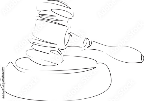 One continuous line art drawing flat illustration gavel, law, lawyer, judgement, decision, hammer, authority, justice, legislation, court. Isolated image hand draw outline on white background