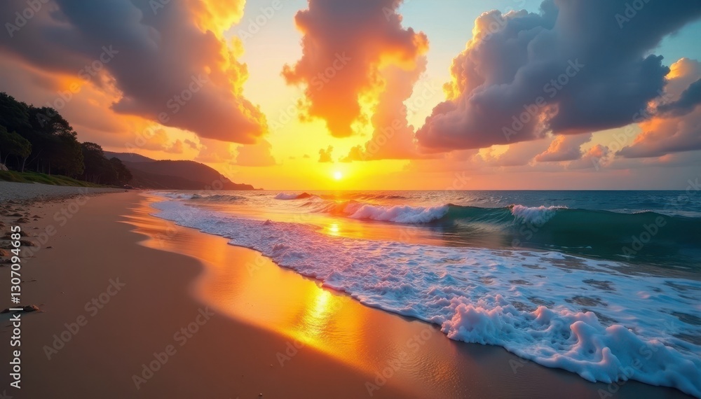 Golden sunset paints sky, calm waves caress sandy shore , peaceful, travel Golden sunset paints sky, calm waves caress sandy shore , peaceful, travel