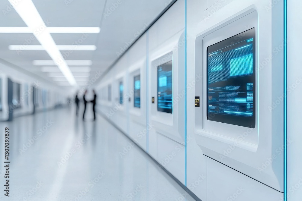 Futuristic hallway with digital information kiosks, showcasing modern design and technology in an innovative environment. Futuristic hallway with digital information kiosks, showcasing modern design and technology in an innovative environment.