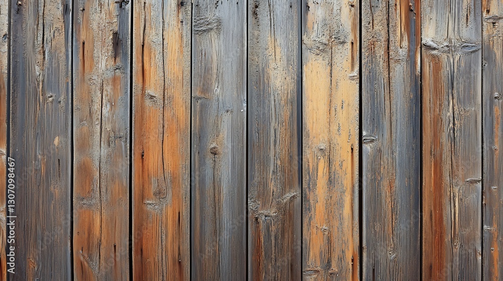 Fototapeta premium The close up shows a weathered wooden fence paneling surface