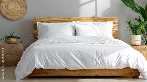 Cozy Bedroom Decor Embrace Serene Atmosphere with Wooden Bed Frame, White Bedding, and Natural Elements like Woven Baskets and Indoor Plants.