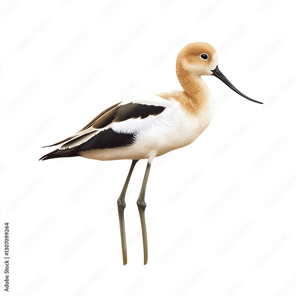 American Avocet with long legs and curved bill on white background American Avocet with long legs and curved bill on white background