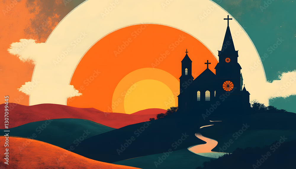 Stylized church silhouette against a vibrant sunset with rolling hills Stylized church silhouette against a vibrant sunset with rolling hills