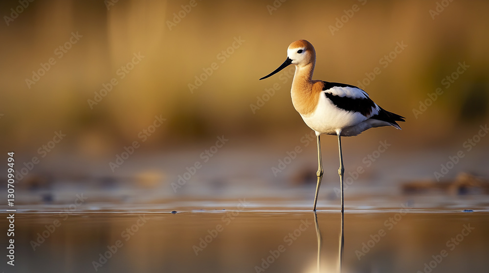 Obraz premium American avocet standing in shallow water with blurred background