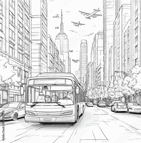 Urban Street Scene with Bus and Skyscrapers