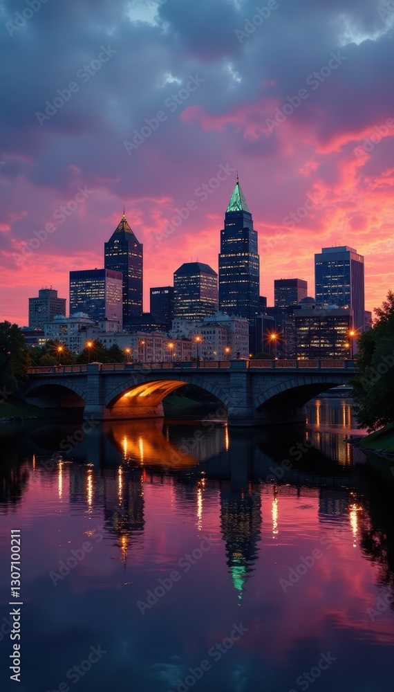 Minneapolis skyline & Stone Arch Bridge at dusk, buildings, cityscape Minneapolis skyline & Stone Arch Bridge at dusk, buildings, cityscape