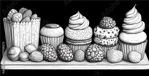 Hand-Drawn Cupcakes and Sweets on a Wooden Tray