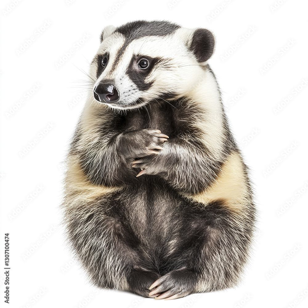 American badger sitting with paws together on white background American badger sitting with paws together on white background