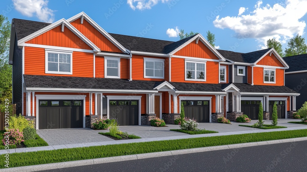 Modern Townhouses, Sunny Day, Residential Area Modern Townhouses, Sunny Day, Residential Area