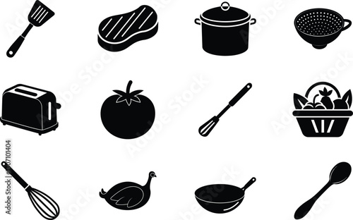 Kitchen Utensils, Cooking Tools, Food Icons, Black Silhouettes, Culinary Set