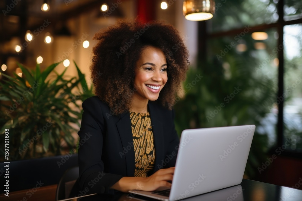 Fototapeta premium Happy Black woman computer laptop smile.