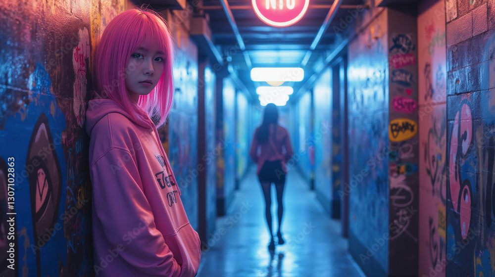 Fototapeta premium young woman with pink hair stands in graffiti covered hallway, exuding cool vibe. neon lights create vibrant atmosphere