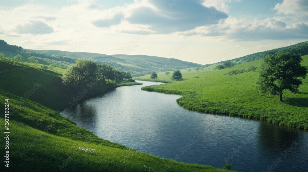 A calm river flowing through a green valley, surrounded by rolling hills, peaceful countryside atmosphere, ultra-detailed, high resolution. A calm river flowing through a green valley, surrounded by rolling hills, peaceful countryside atmosphere, ultra-detailed, high resolution.